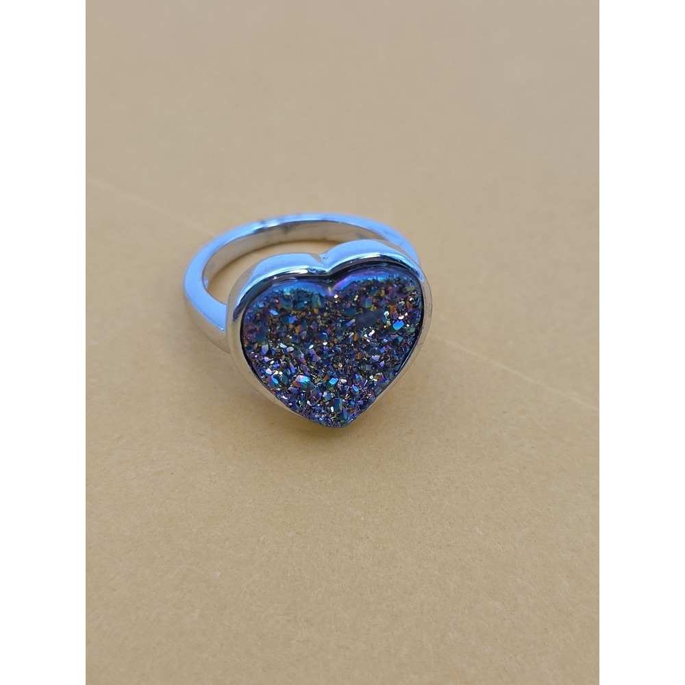 Rainbow Drusy Agate Heart Sterling Silver TGGC Vintage Ring Sz 7 Brazil Boho 925 - Picture 13 of 16